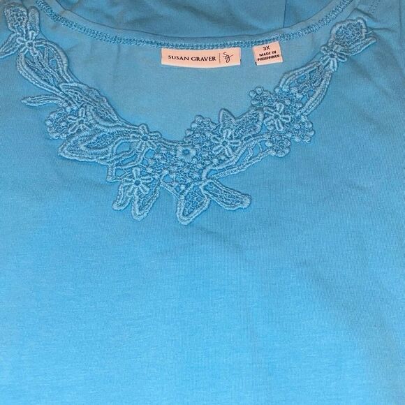 Susan Graver Womens Size 3X Sleeveless Pullover Top Aqua Blue Crocheted Neck NWT - Picture 1 of 6